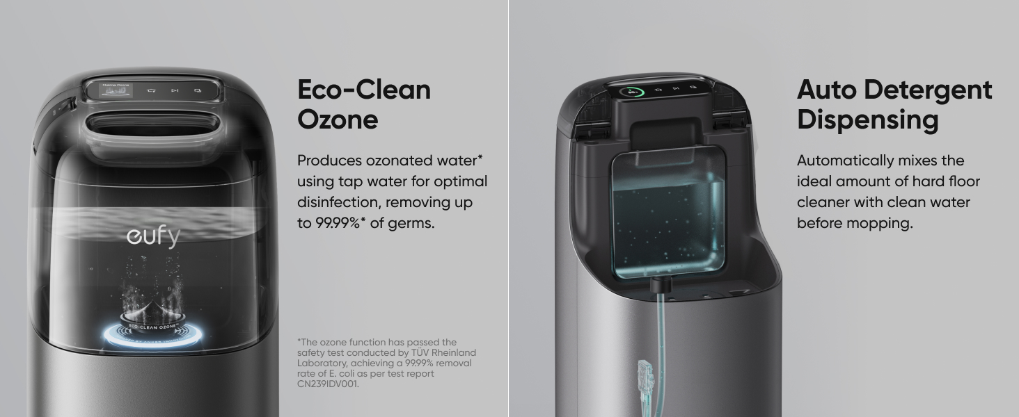 Split image showing dark-colored appliance with Eco-Clean Ozone feature and Auto Detergent Dispensing system with transparent reservoir.