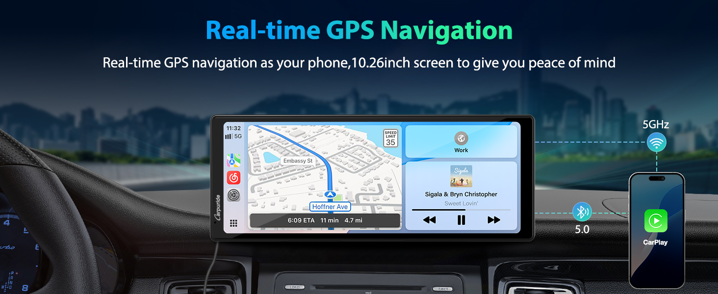 Car dashboard with large 10.26-inch touchscreen displaying GPS navigation map. Smartphone shown connected, indicating real-time navigation syncing between devices.