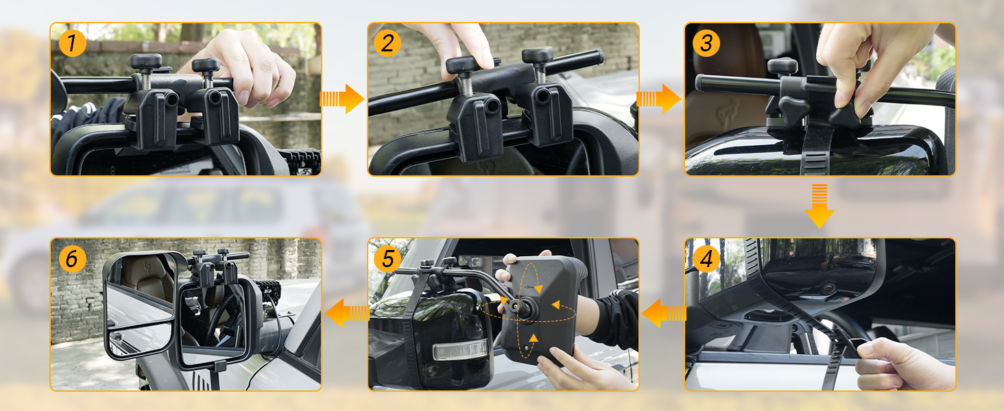 Six-panel instruction guide showing sequential steps for installing or adjusting a mechanical device, numbered 1 through 6.