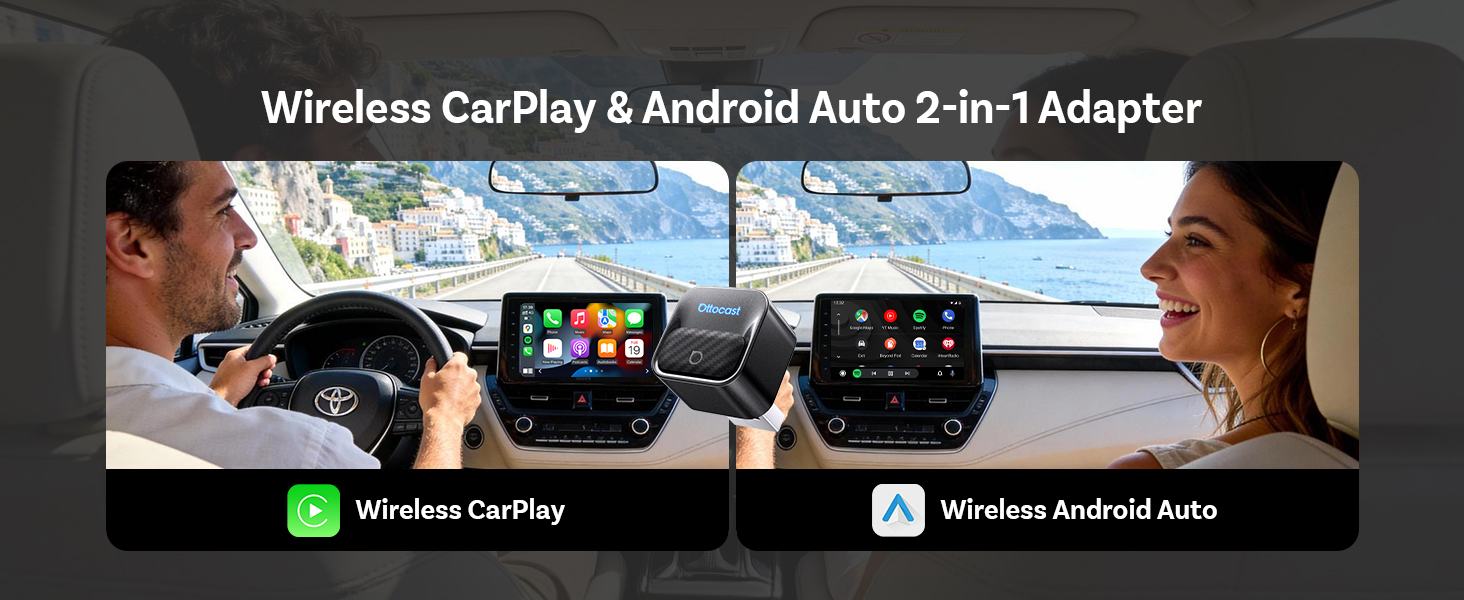 Text reads 'Wireless CarPlay & Android Auto 2-in-1 Adapter'. Multiple dashboard views showing car infotainment system interface with wireless connectivity icons.