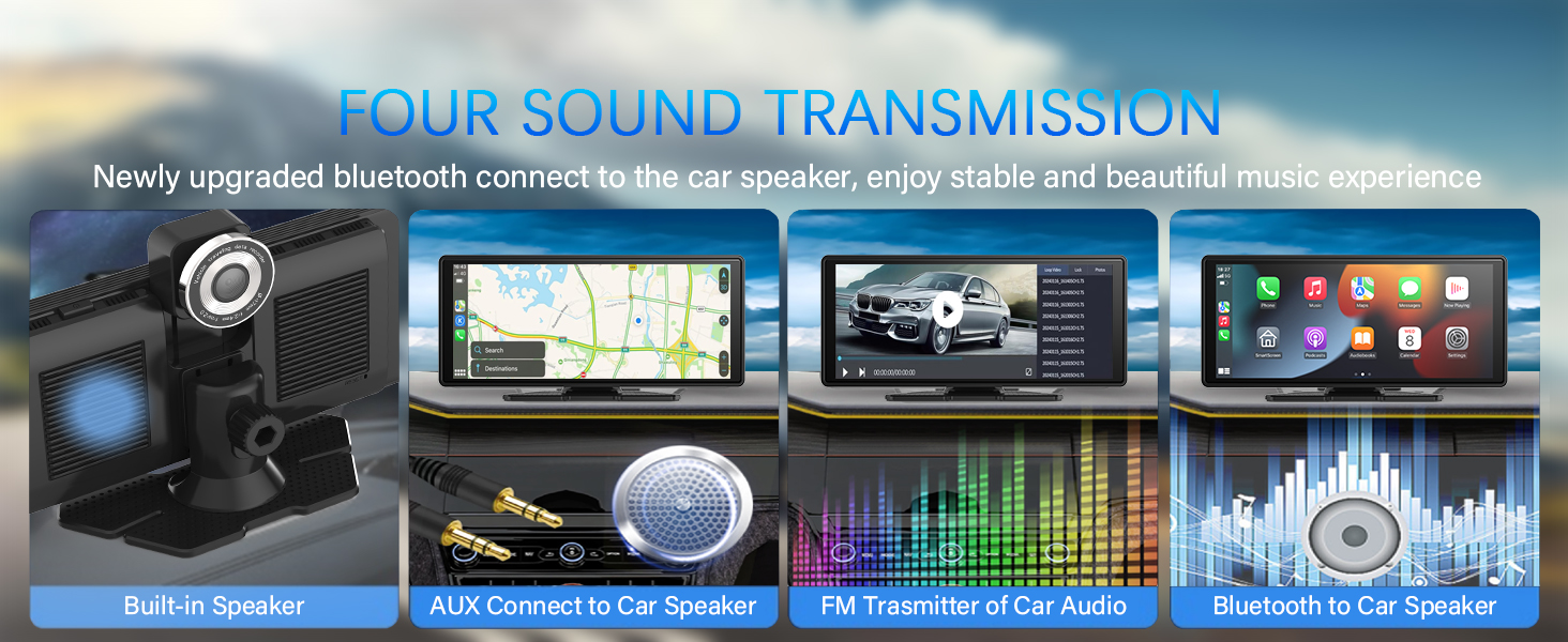 Four-panel product display showing Bluetooth car audio system features including speaker, car navigation screen, FM transmitter, and audio visualizer interface.