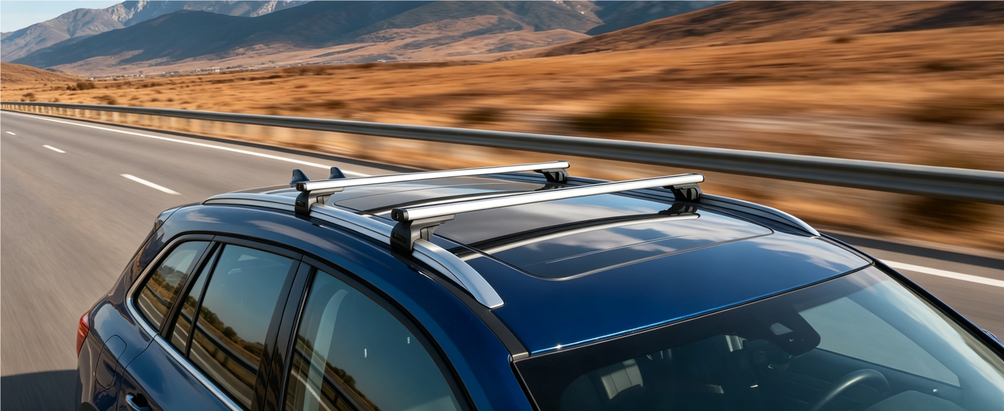 Black SUV vehicle equipped with dual silver roof racks mounted on top, photographed from side angle on desert highway with landscape background.