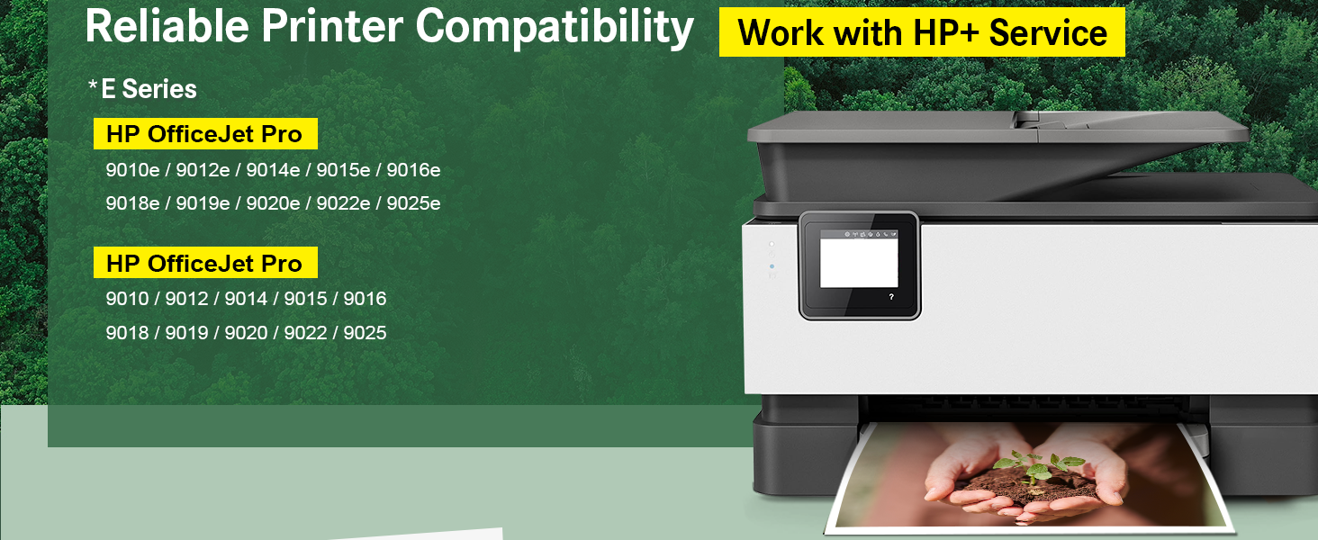 HP printer compatibility chart showing E Series models compatible with HP+ Service, including OfficeJet Pro and OfficeJet series with specific model numbers listed.