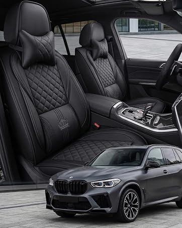 Black and gray quilted car seat covers installed on vehicle front seats, displayed on dark BMW M sport model with matching interior trim visible.