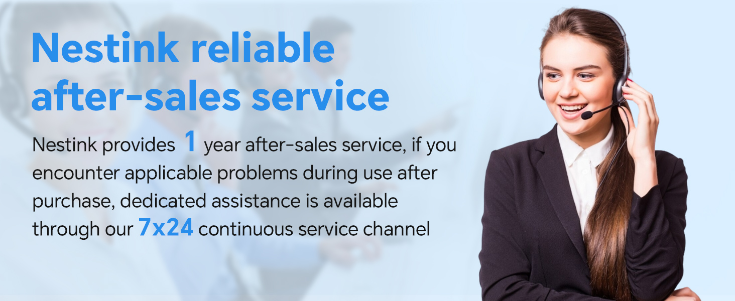 Text reads 'Nestink reliable after-sales service' with customer service information and support details shown in marketing layout.