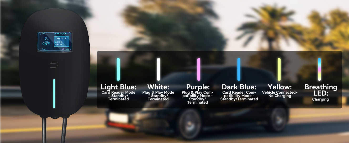 Text reads "Light Blue", "White", "Purple", "Dark Blue", "Yellow", "LED". Welding helmet with digital screen shown alongside six vertical LED color indicators demonstrating available lighting modes in outdoor setting.