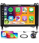 Double DIN car stereo system with integrated display showing app icons. Includes backup camera and smartphone integration accessories.