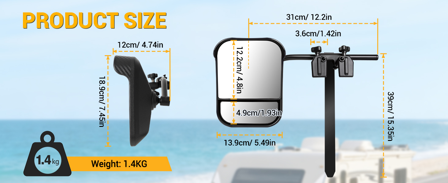 Text reads 'PRODUCT SIZE' with detailed technical measurements showing dimensions of a device component. Multiple measurements and specifications listed with arrows indicating different parts.