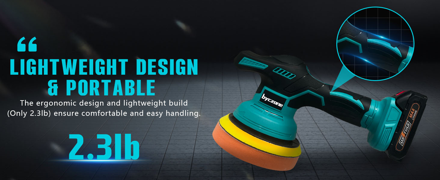 Text reads 'LIGHTWEIGHT DESIGN & PORTABLE' and '2.3lb'. Product image shows teal-colored orbital polisher or buffer tool with orange pad against dark background.
