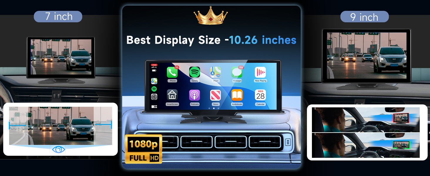 Car audio system interface showing FM transmitter, Bluetooth connectivity, AUX input, and built-in speaker features with digital display screens.