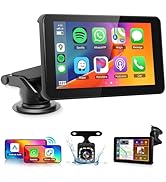 Portable car display system with smartphone app integration, featuring dashboard mount. Includes backup camera and connection accessories.