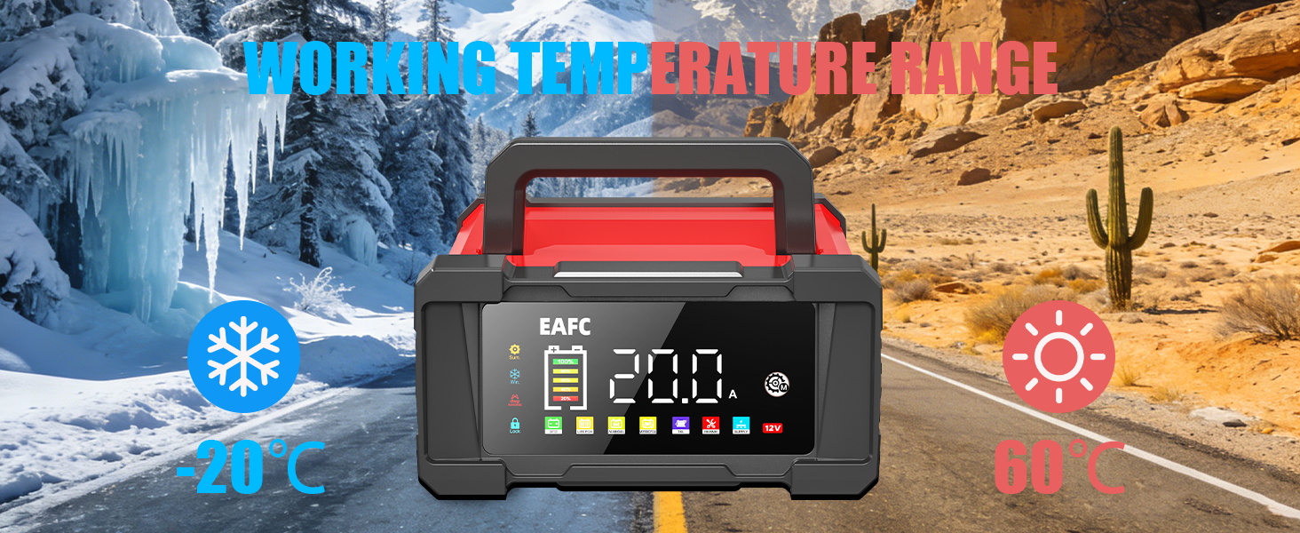 Digital display showing temperature readings with icons for hot and cold conditions. Shows '-8°C' reading with colored temperature indicators.