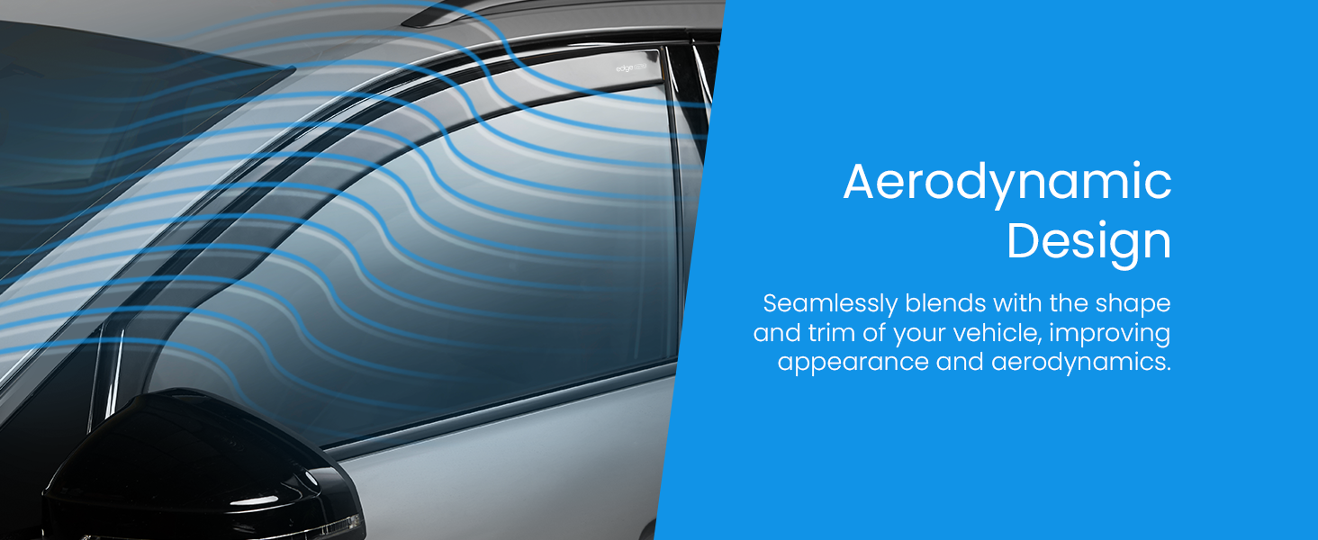 Close-up of a sleek vehicle part, likely a spoiler or body panel. Text describes 'Aerodynamic Design' that blends with the vehicle's shape.