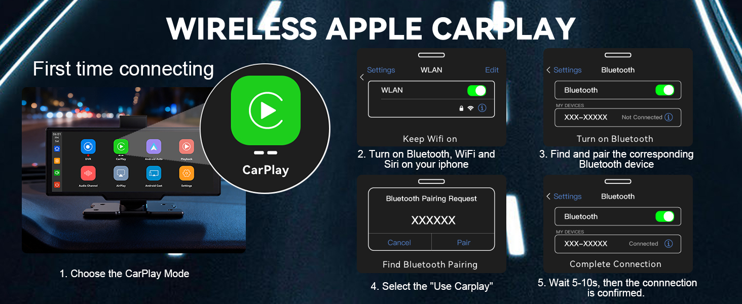 Text reads 'WIRELESS APPLE CARPLAY'. Series of interface screenshots showing CarPlay system setup and connection process with green connection indicators and menu displays.
