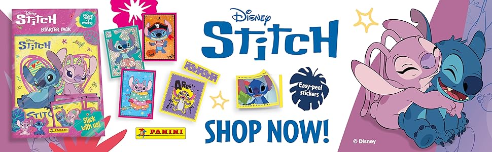 Text reads 'STITCH', 'SHOP NOW!' Colorful merchandise display featuring animated character merchandise, product boxes, and promotional materials in purple and blue tones.