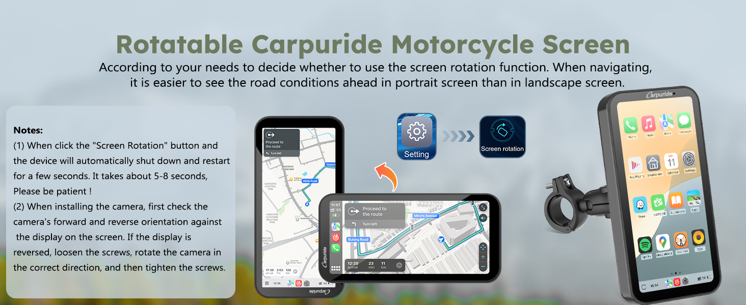 Text reads: 'Rotatable Carpuride Motorcycle Screen'. Multiple device screens showing navigation interface and map displays in different orientations.
