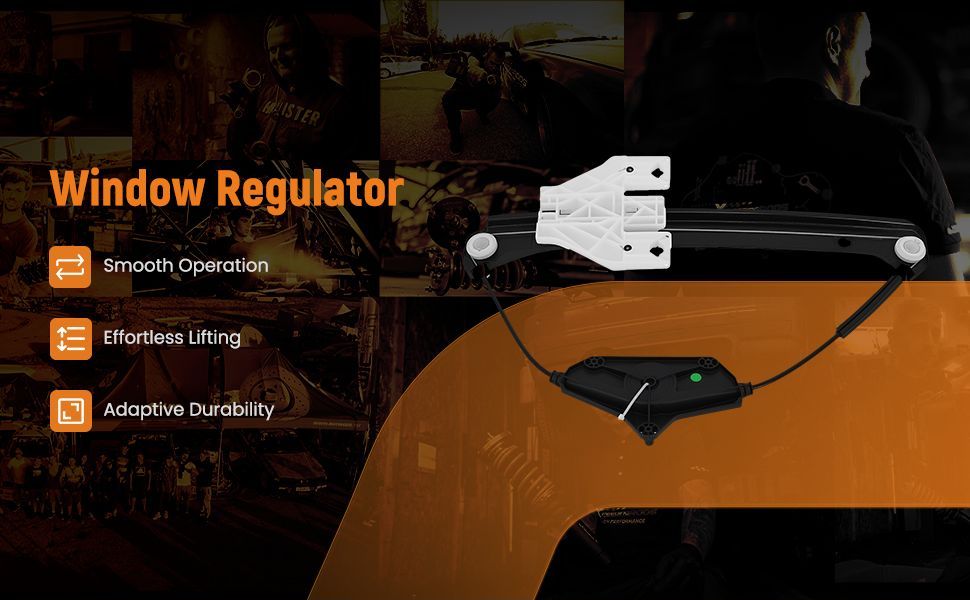 Text reads 'Window Regulator'. Technical interface showing navigation arrows and menu options on dark background with orange accent colors.