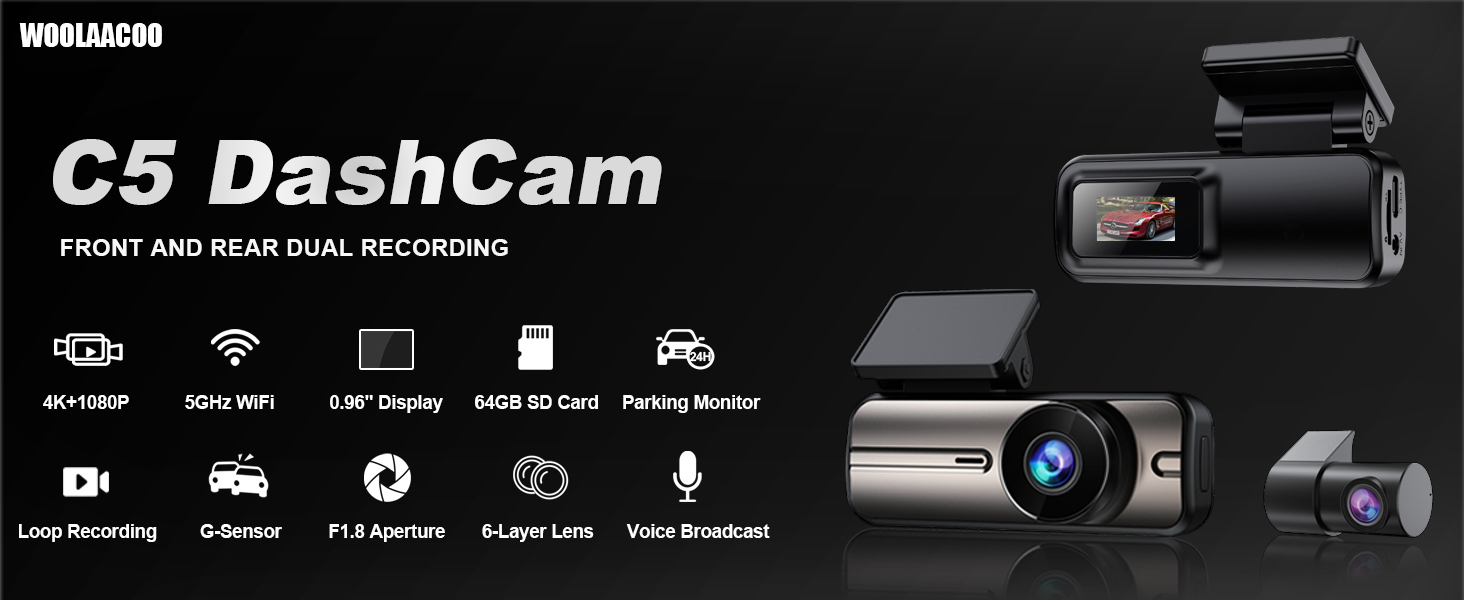 Text reads 'C5 DashCam'. Multiple views of a vehicle dashboard camera product with various interface displays and mounting positions shown.