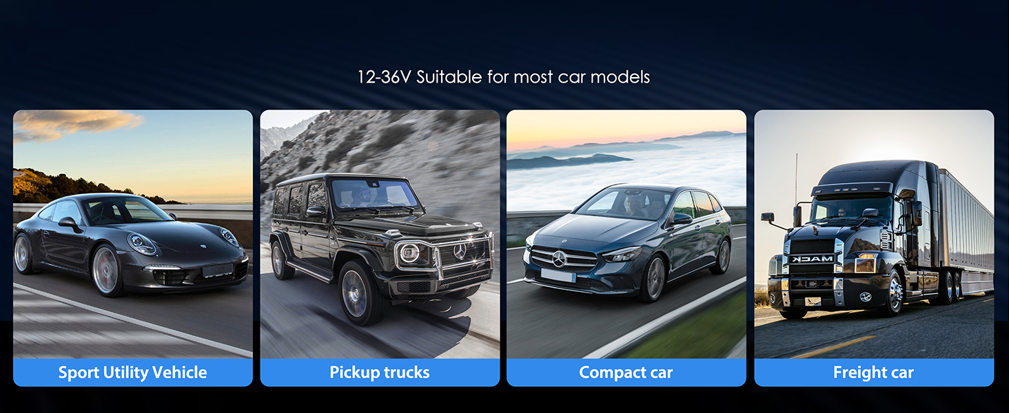 Vehicle compatibility display showing four categories: Sport Utility Vehicle, Pickup Trucks, Compact Car, and Freight Car with corresponding vehicle images.