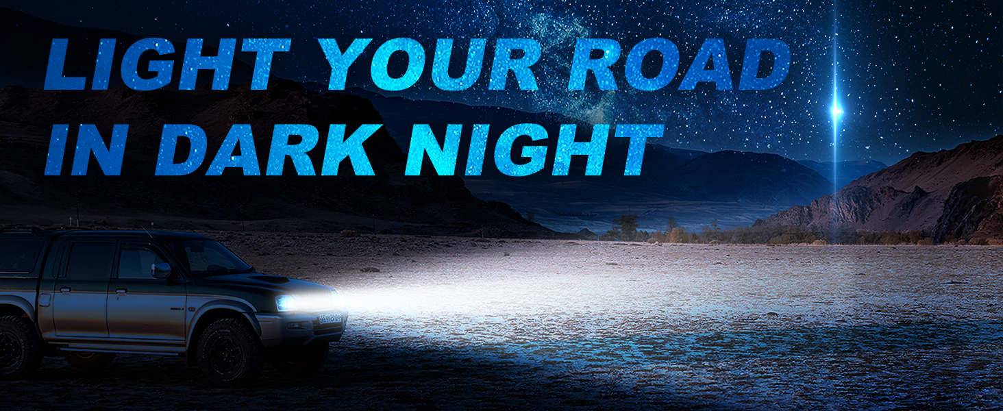 Vehicle headlights illuminating a dark desert road at night, with starry sky and text 'LIGHT YOUR ROAD IN DARK NIGHT' overlay.