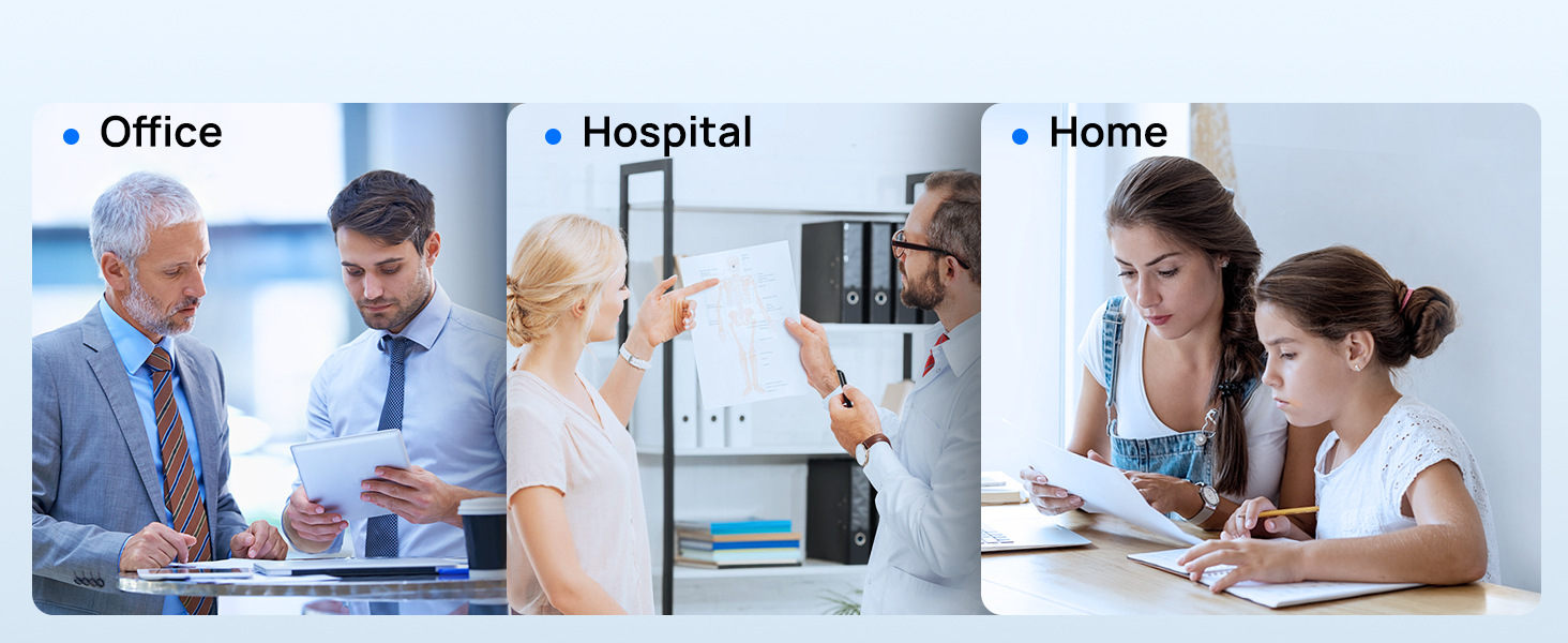 Three-panel image showing business settings labeled 'Office', 'Hospital', and 'Home', depicting different professional environments and collaboration scenarios.