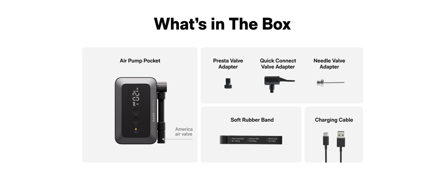 Product contents diagram showing components including power pedal, sound console, and charging cables in minimalist black and white design.