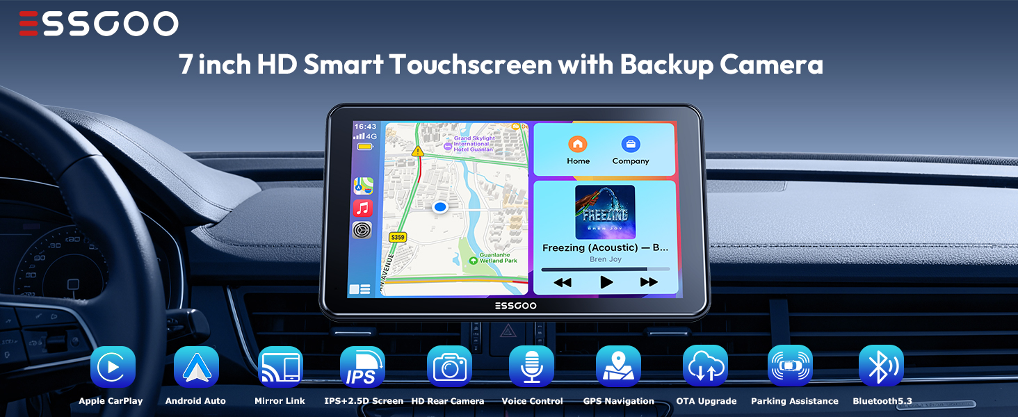 Text reads: '7 inch HD Smart Touchscreen with Backup Camera' and 'S5GQO'. Dashboard-mounted display showing navigation interface and menu icons.