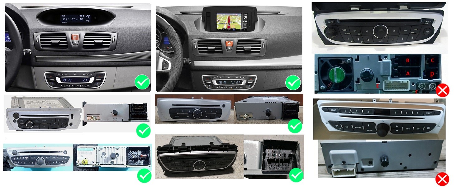 Grid of car dashboard interface images showing various navigation and control screens, marked with green checkmarks and red X indicators.