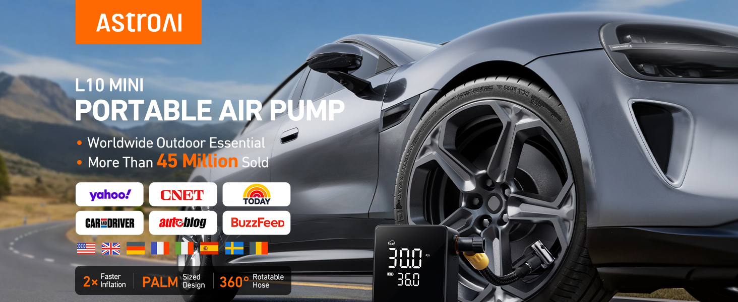 Text reads 'ASTROM' and 'PORTABLE AIR PUMP'. Marketing images showing a portable tire inflator device with car wheels and digital display.