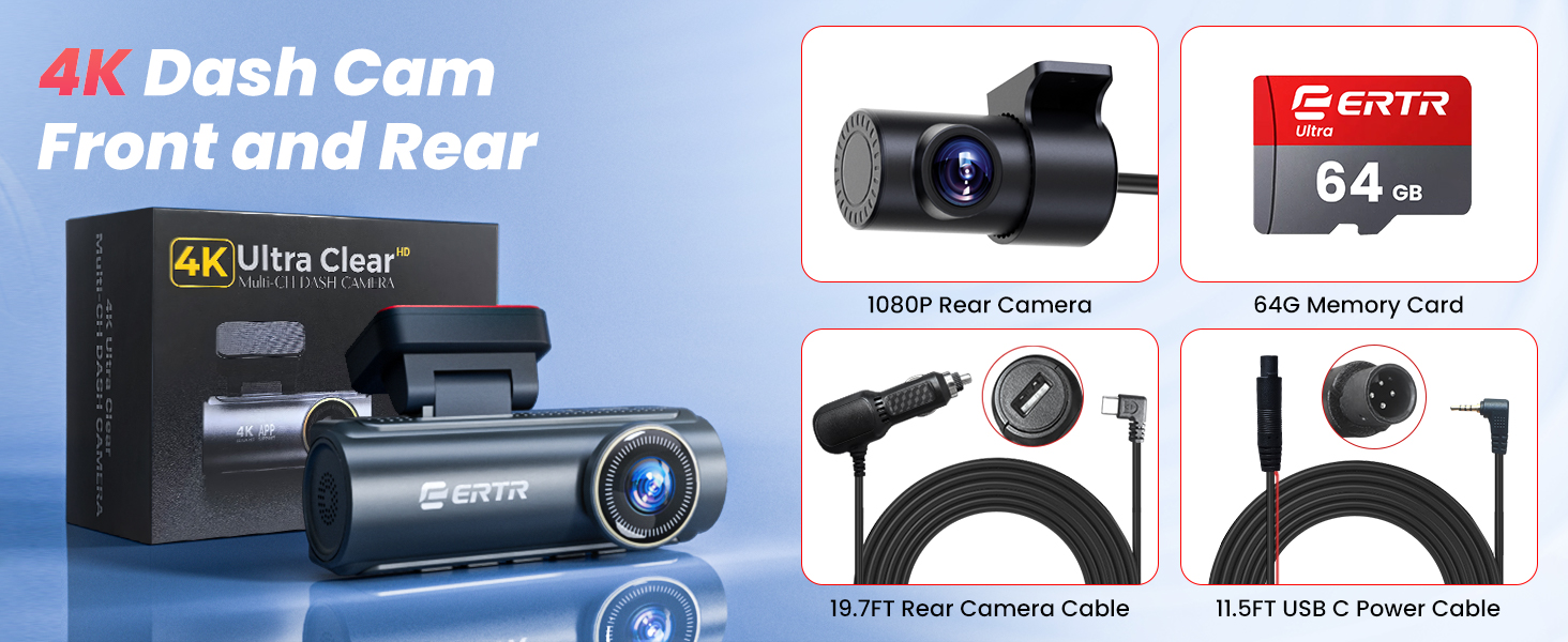 Text reads '4K Dash Cam Front and Rear', '4K Ultra Clear', '64G'. Car dashboard camera product display showing main unit, rear camera, and memory card components with connecting cables.