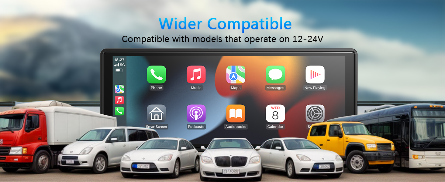 Large touchscreen car stereo display with colorful app icons, shown above various vehicle types. Text indicates compatibility with 12-24V models and wider compatibility range.