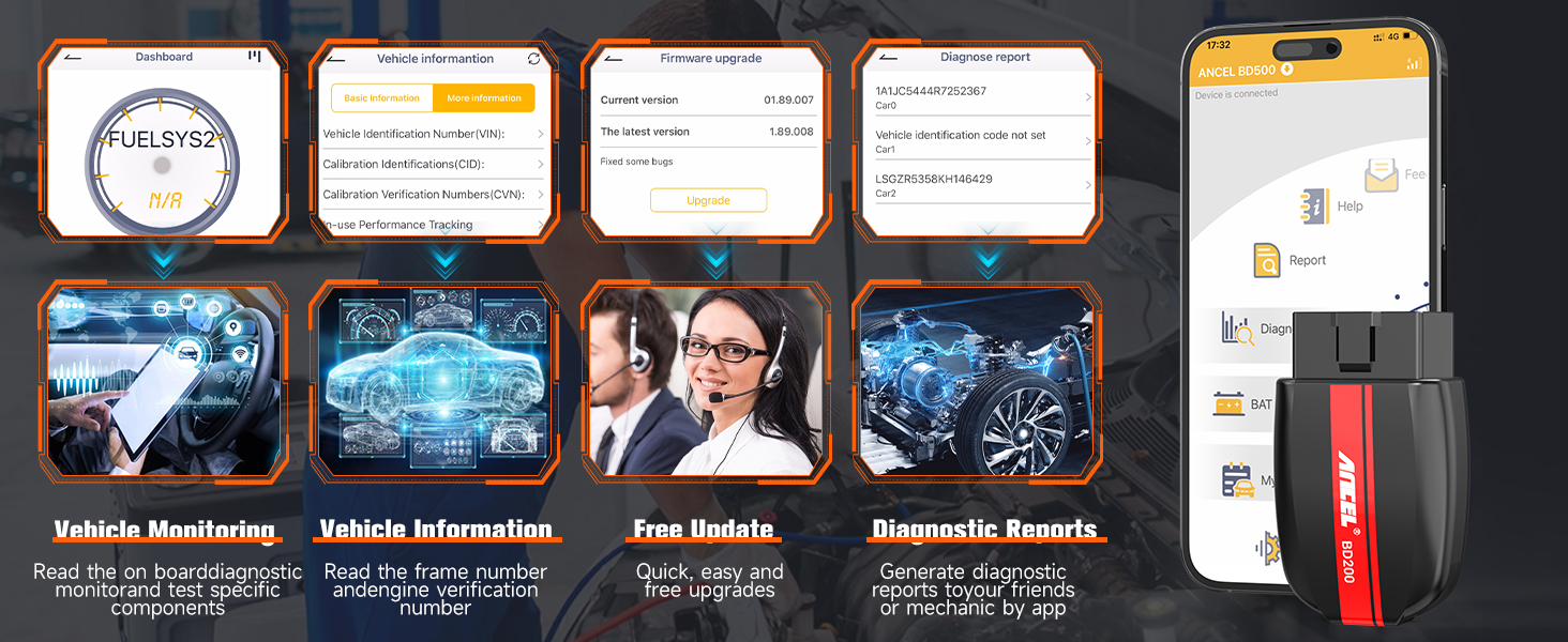 Series of mobile app interface screenshots showing various screens and menu options with blue and white color scheme.