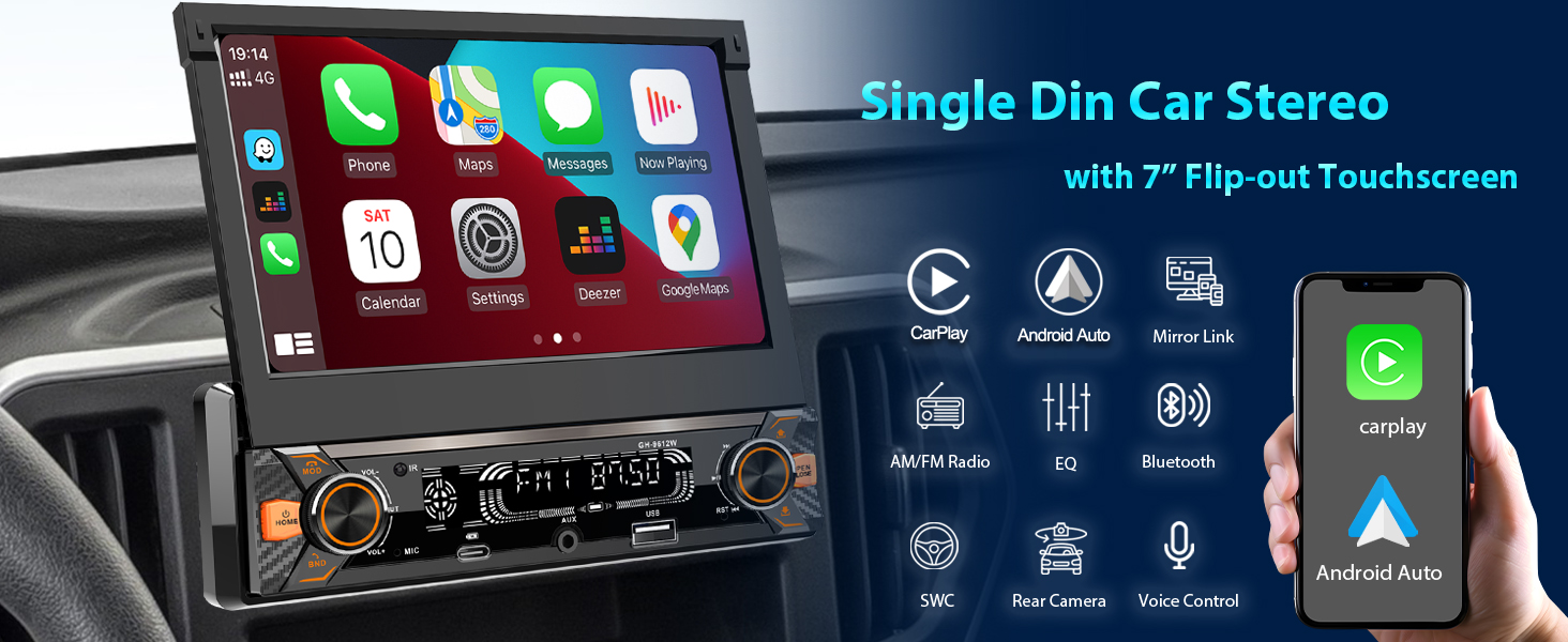 Text reads: 'Single Din Car Stereo'. Digital car stereo interface showing smartphone-like menu with app icons and touch controls.