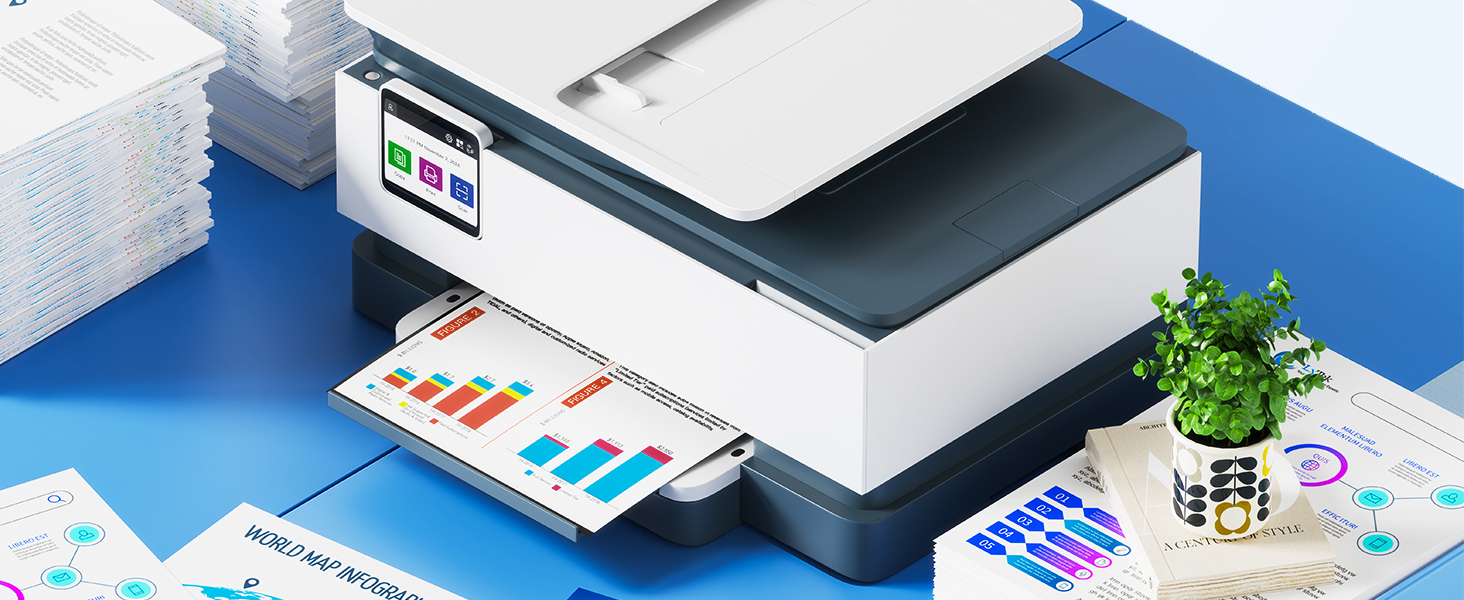 Business analytics concept showing multiple views of printed reports, charts, and graphs on blue surface with electronic devices and office supplies.