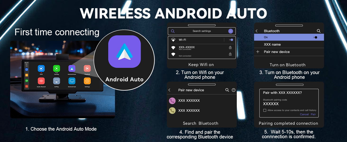 Text reads 'WIRELESS ANDROID AUTO'. Series of interface screenshots showing Android Auto setup process and connection screens.