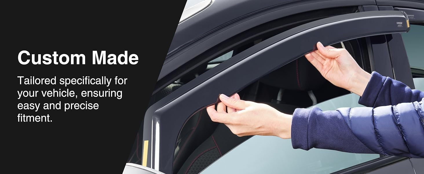 Hands demonstrating installation of a custom-made vehicle accessory. Text indicates it's tailored for easy and precise fitment to specific vehicles.