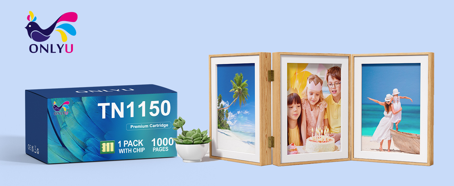 Text reads 'ONLYU' and 'TN1150' with '1 Pack 100' visible. Blue product box with puzzle game packaging featuring three wooden-framed photo frames displaying colorful beach and family imagery against light blue background.