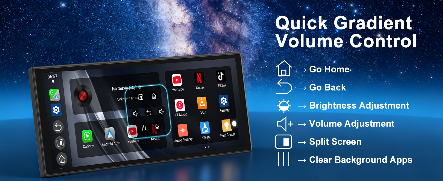 Text reads 'Quick Gradient, Volume Control'. Dark interface display showing multiple app icons and control settings with blue gradient background.