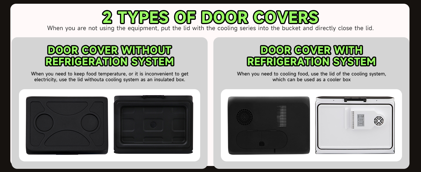 Text reads '3 TYPES OF DOOR COVERS' with two comparison panels showing different door cover styles - black solid covers on left, white translucent cover on right with product specifications.