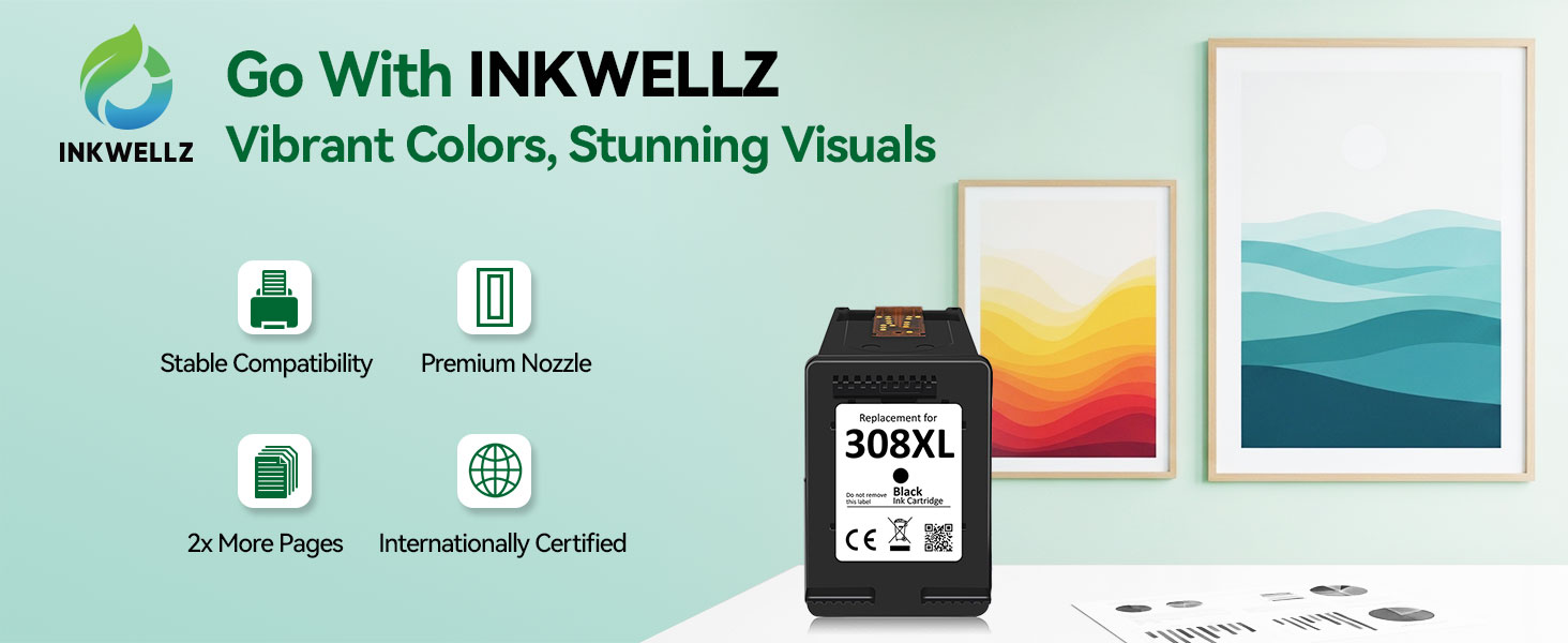 Text reads 'Go With INKWELL' and 'Vibrant Colors, Stunning Visuals'. Smart device interface, color palette, framed artwork, and printer shown demonstrating ink and printing capabilities.