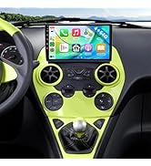 Vehicle dashboard with touchscreen infotainment system displaying colorful application icons and climate control knobs positioned below screen.