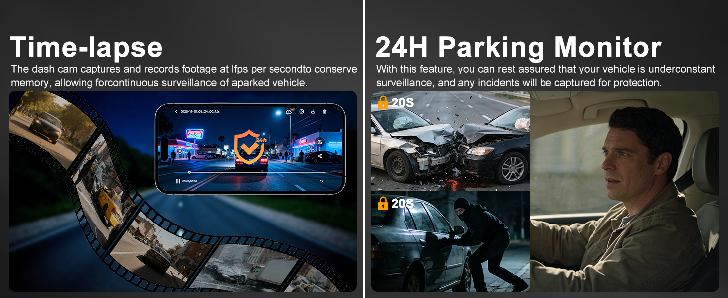 Text reads 'Time-lapse' and '24H Parking Monitor'. Split screen showing car dashboard interface and monitoring system with blue illuminated display.