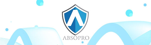 Logo design featuring a blue shield with a white stylized 'A' shape inside. The text 'ABSOPRO' appears below the shield against a light background with blue wave-like elements.