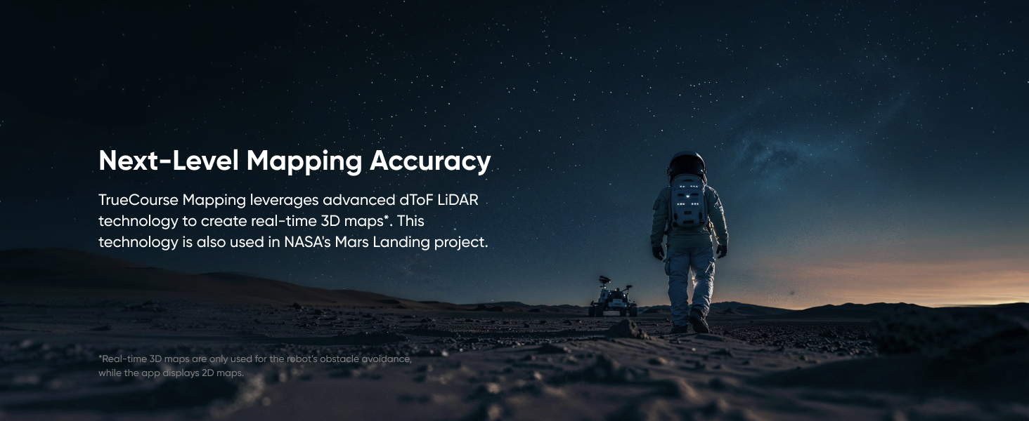 Nighttime scene with silhouetted person on rocky terrain under starry sky. Text overlay 'Next-Level Mapping Accuracy' with additional product description.