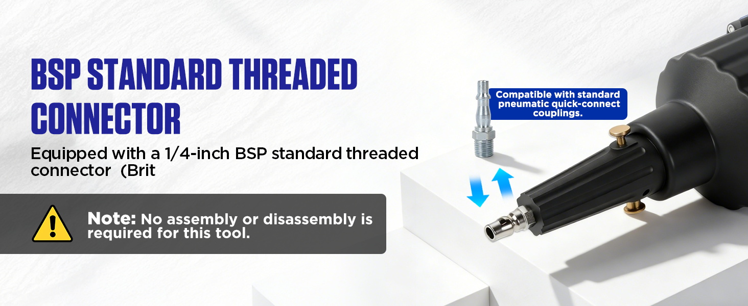 Text reads 'BSP STANDARD THREADED CONNECTOR'. Multiple views of a black industrial connector with threaded components and assembly instructions shown.