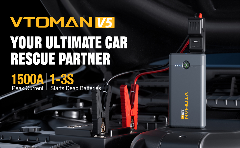 Text reads 'VTOMAN', 'YOUR ULTIMATE CAR', 'RESCUE PARTNER', 'T500A-1-3S'. Marketing banner for automotive product showing red and black design elements.