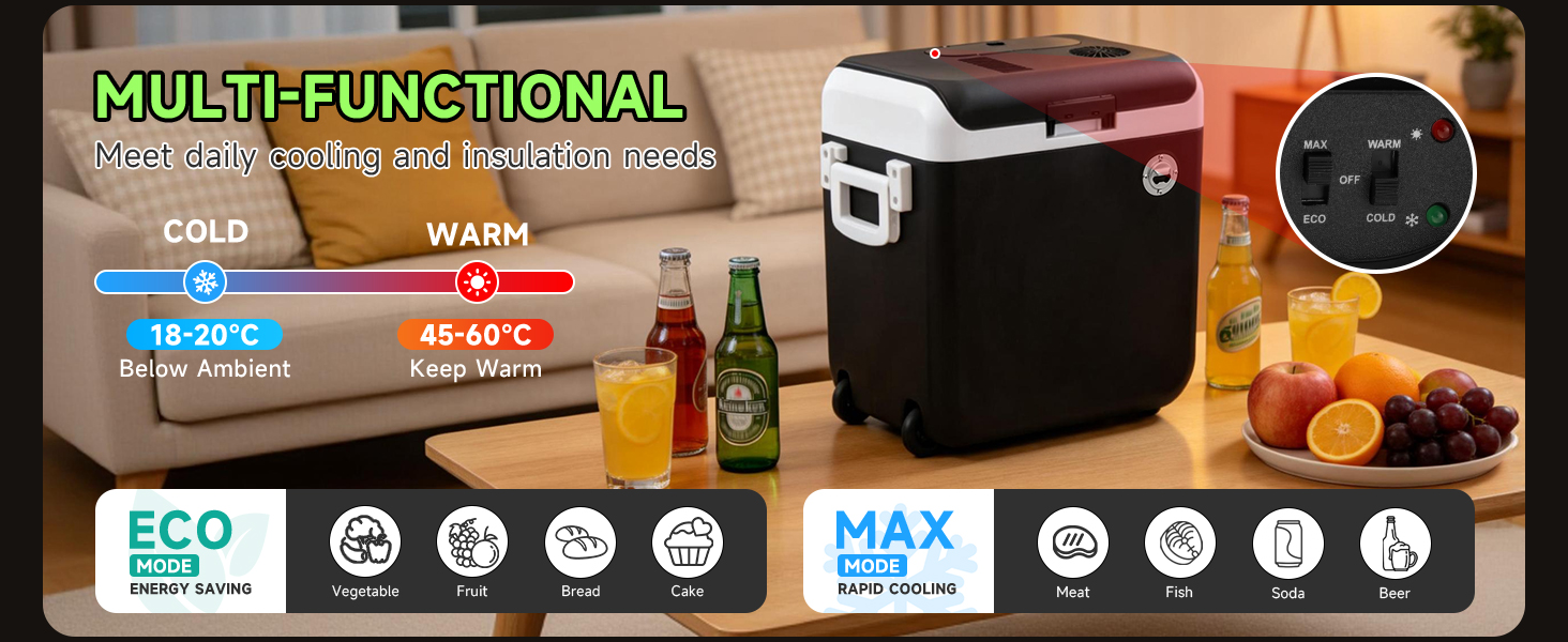 Text reads 'MULTI-FUNCTIONAL' with temperature range '16-28°C' and '48-60°C', capacity markings 'ECO' and 'MAX'. Black portable cooling/heating device with control panel displayed next to beverages and food items on counter.