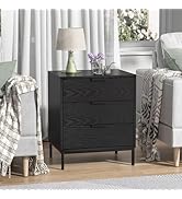 Yvsevnr Wooden Bedside Table with 3 Drawers Fluted Nightstand Bed Side End Table with Metal Handl...