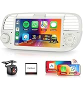 Widescreen car entertainment system showing colorful app interface. Set includes rear camera and smartphone connectivity accessories.