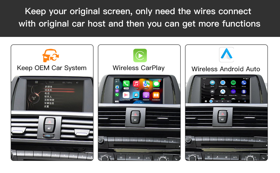 Text reads 'Support Phone MirrorAirPlay/AutoLink' and 'MirrorLink Function: AirPlay (for iPhone) & AutoLink (for Android)'. Car dashboard displaying smartphone content on dual screens via wireless mirroring technology with AirPlay and AutoLink compatibility.